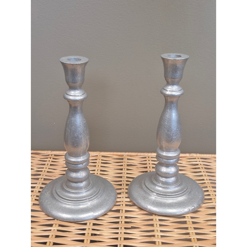 Pair Cast Aluminum Candlestick Holders 11" Silver Farmhouse French Country Decor
